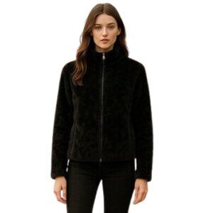 French Spy black Faux Fur Luxury Y2k Glam full Zip Bomber Jacket Size Med